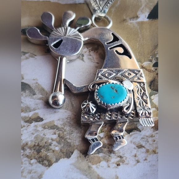 NATIVE MADE & SIGNED Silver and Turquoise Kokopelli Pendant